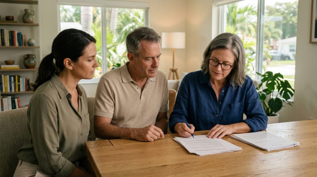 Person signing a paper will with two witnesses present.