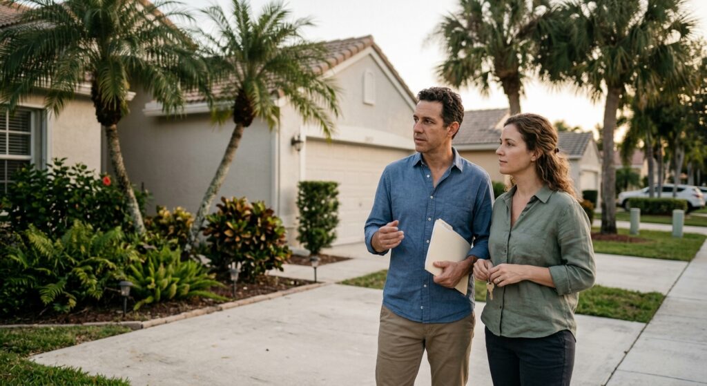 Siblings discussing an inherited family home with a mortgage in Florida.