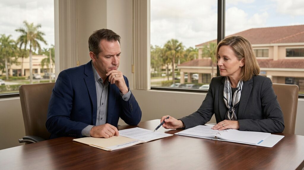 Business owners discuss possible judicial dissolution of an LLC with an attorney in Coral Springs, Florida.