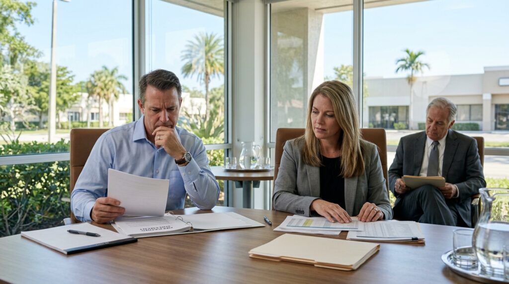 Business partners review an operating agreement during an LLC deadlock dispute in Coral Springs, Florida.