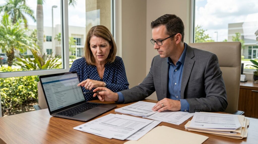 Attorney and LLC owner review company financial records during a suspected asset misappropriation dispute in Broward County, Florida.