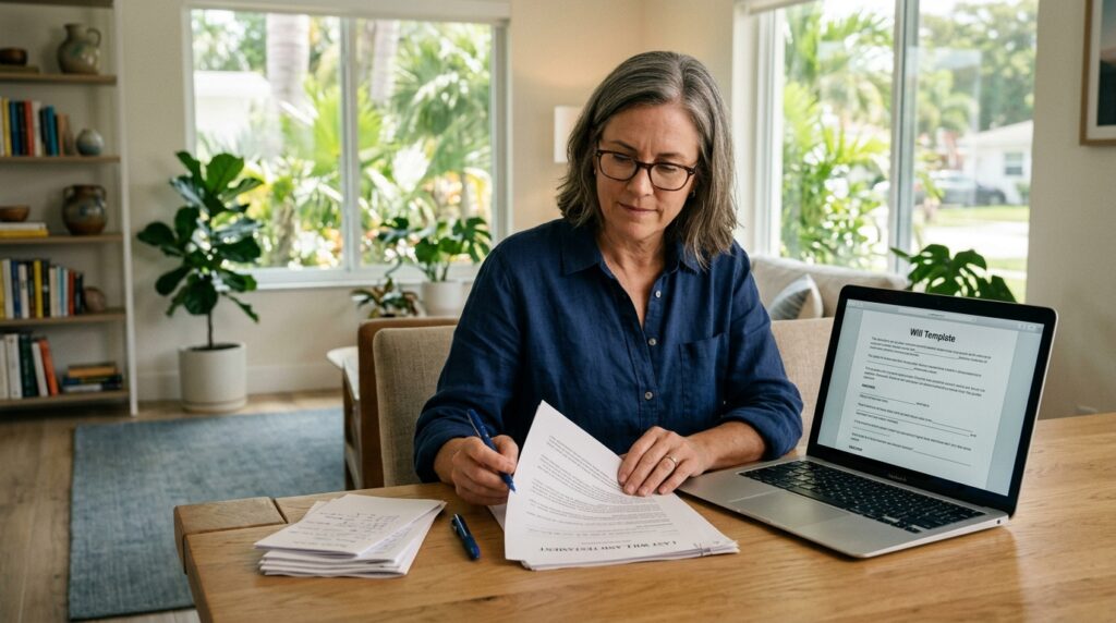 Person reviewing a printed online will template beside a laptop at home in Florida.