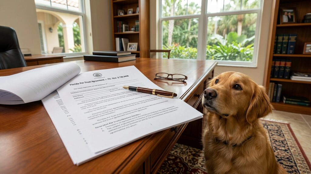Florida Pet Trust document under Fla. Stat. 736.0408 on a desk with a Golden Retriever in a Coral Springs home office.