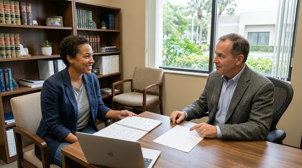 Business attorney discussing a new company with an entrepreneur in Coral Springs