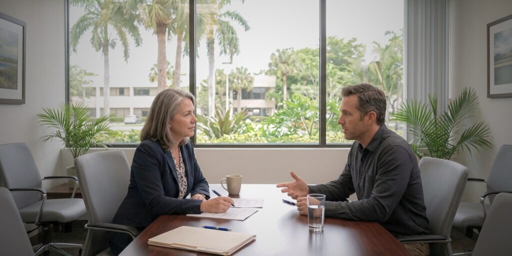 Coral Springs attorney speaking with a client about a legal matter in Broward County