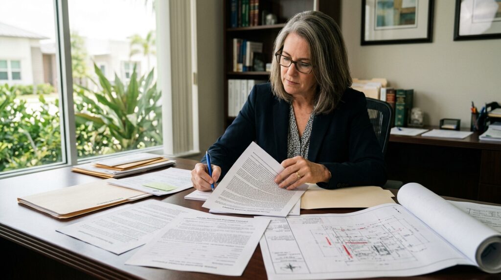 Real estate attorney reviewing a Florida purchase contract and title documents
