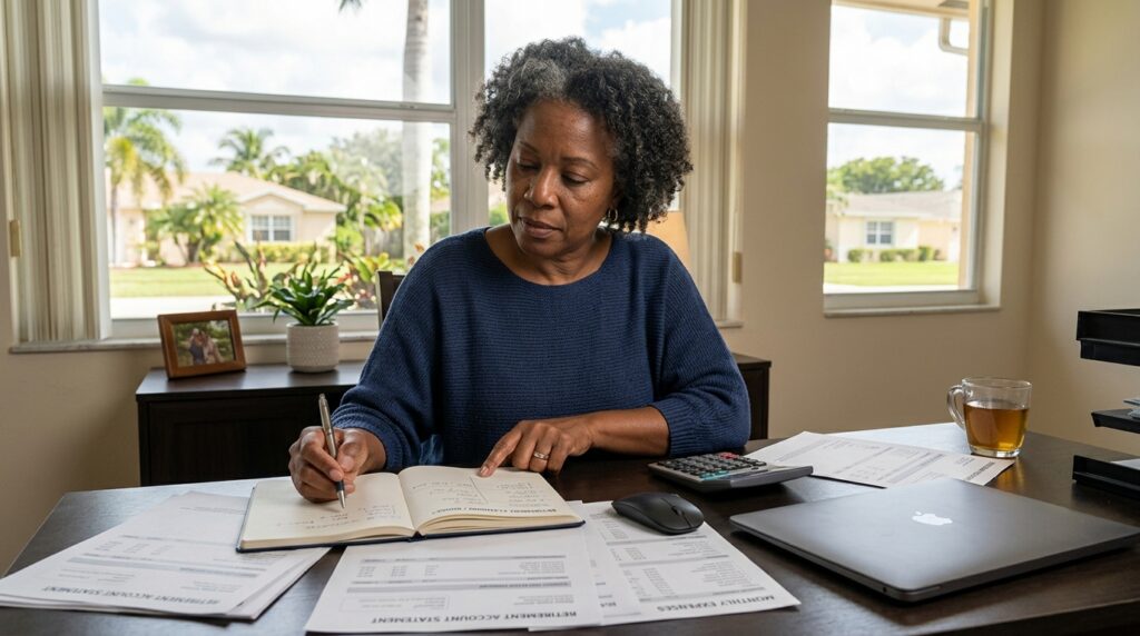 Adult reviewing retirement savings and financial records after a divorce in Broward County, Florida.