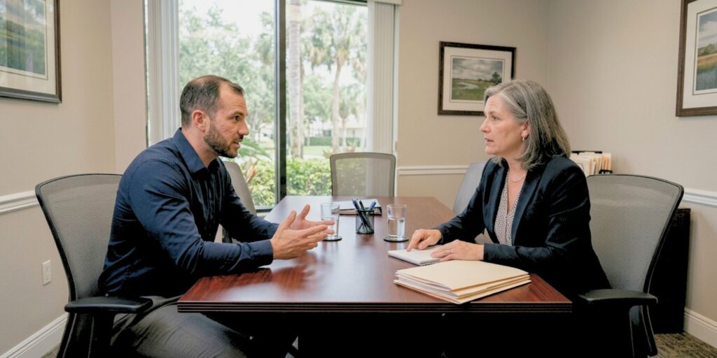Client asking questions during an attorney consultation in Coral Springs