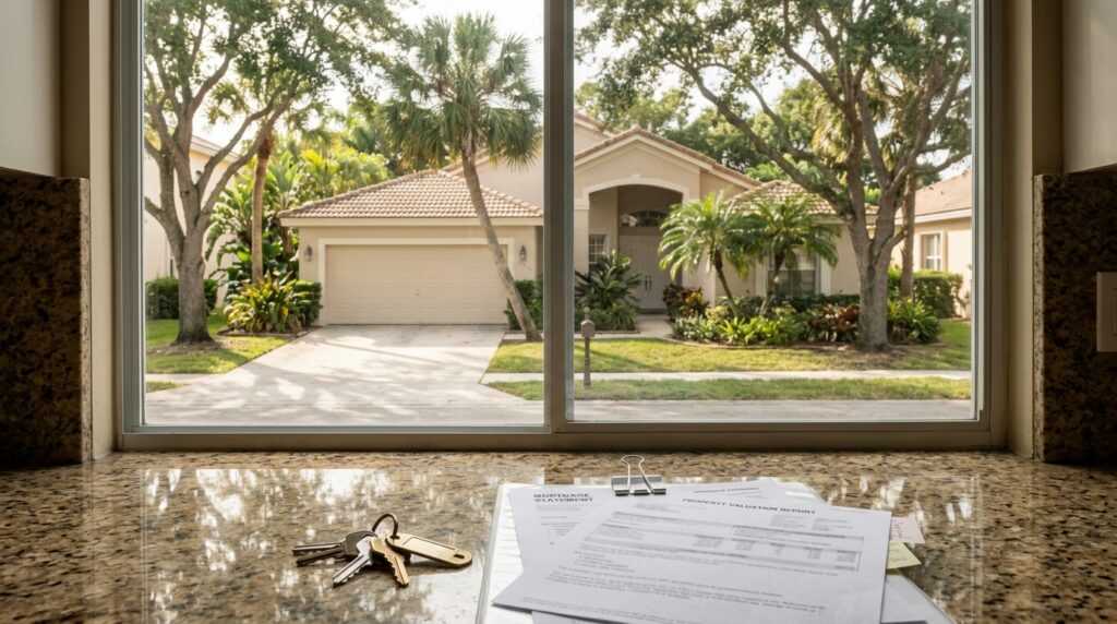 House keys and mortgage documents representing a decision about keeping a family home in Coral Springs, Florida.