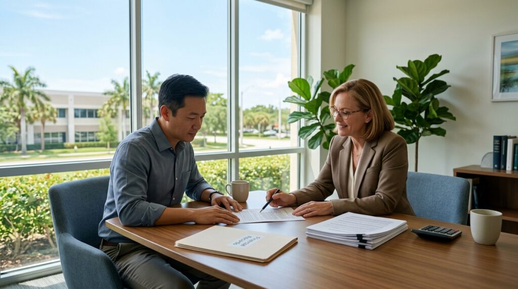 Family law attorney reviewing a divorce settlement with a client in a Coral Springs, Florida office.
