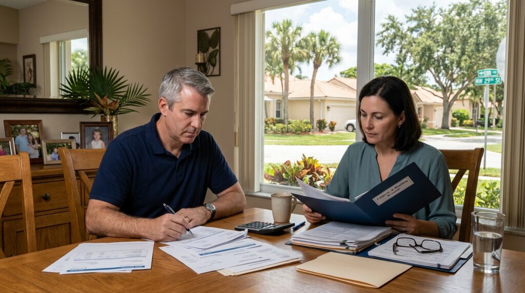 Family law attorney reviewing a divorce settlement with a client in a Coral Springs, Florida office.