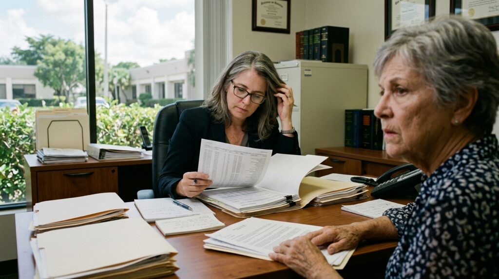 Elder law attorney reviewing financial records in a possible exploitation dispute in Broward County, Florida