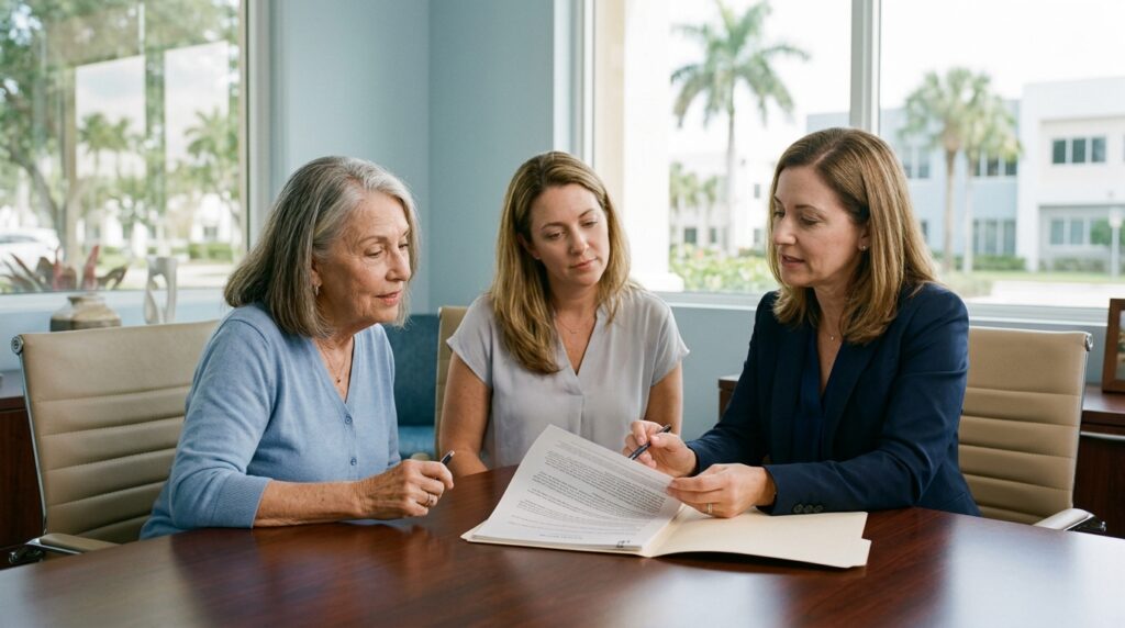 Elder law attorney meeting with a family about an older adult's legal and financial concerns in Coral Springs, Florida