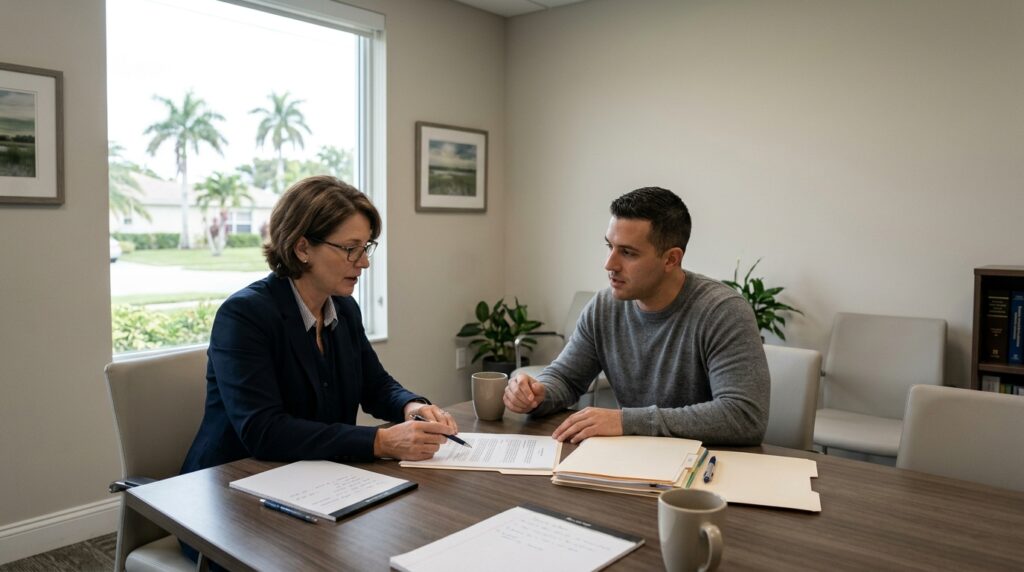 Florida real estate attorney reviewing a property transaction with clients in Coral Springs