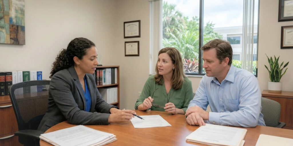 Real estate attorney reviewing a property closing with clients in Coral Springs, Florida