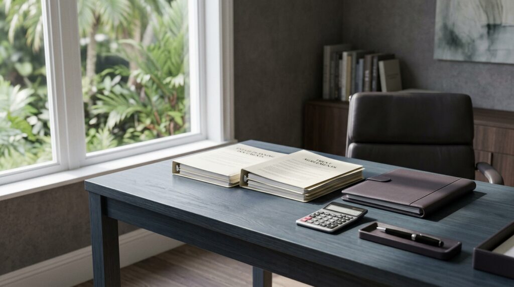 Estate planning documents and financial records arranged on a desk in a Florida home office.