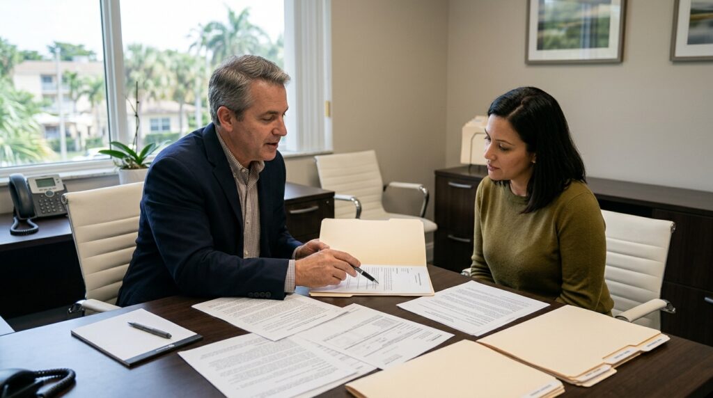 Florida estate planning attorney explaining wills and trusts to a couple