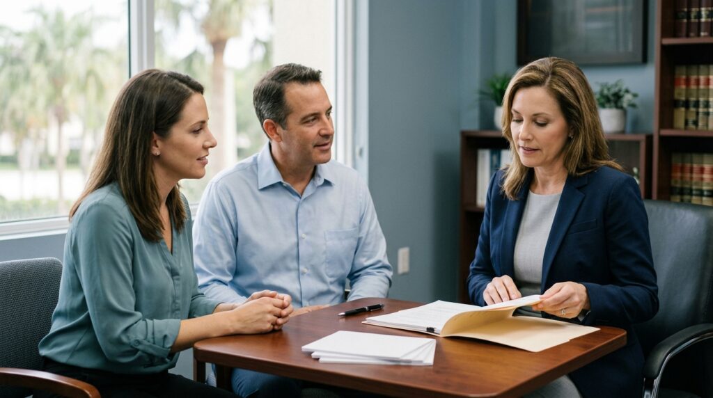A probate attorney reviews estate documents with two witnesses in a law office