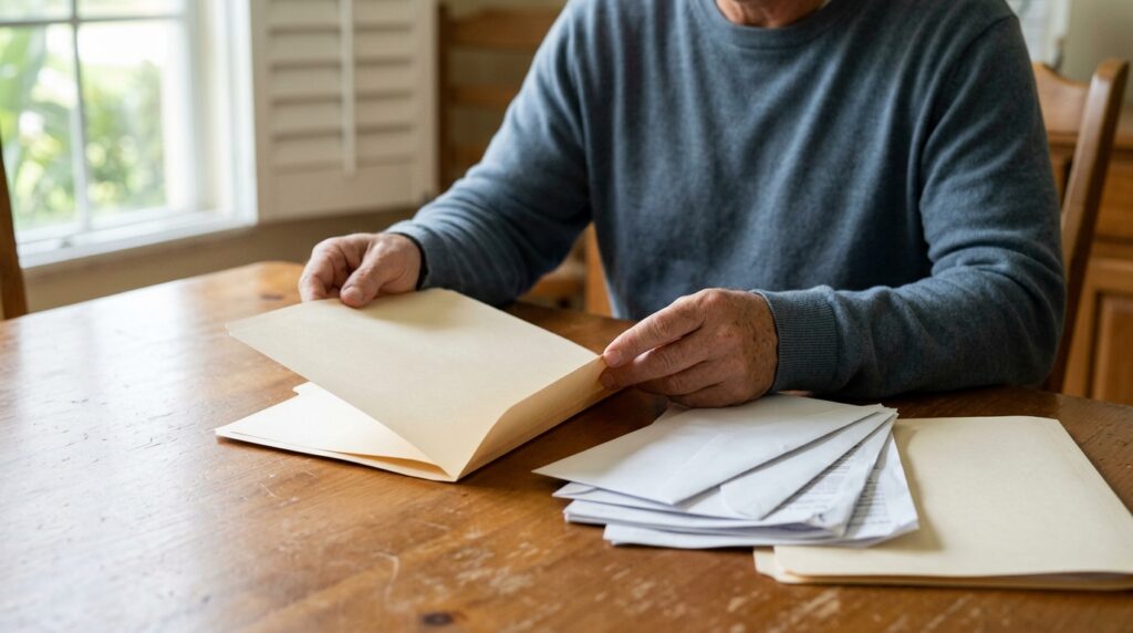 A family member searches through household documents for a missing original will in Florida.