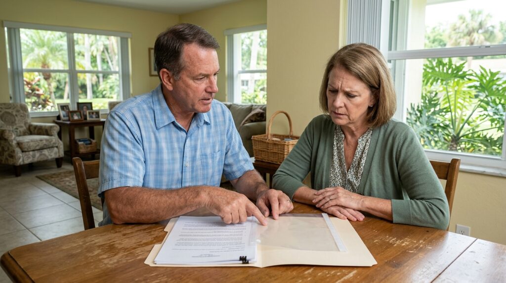 Two siblings review estate documents during a dispute over their family home in Florida.