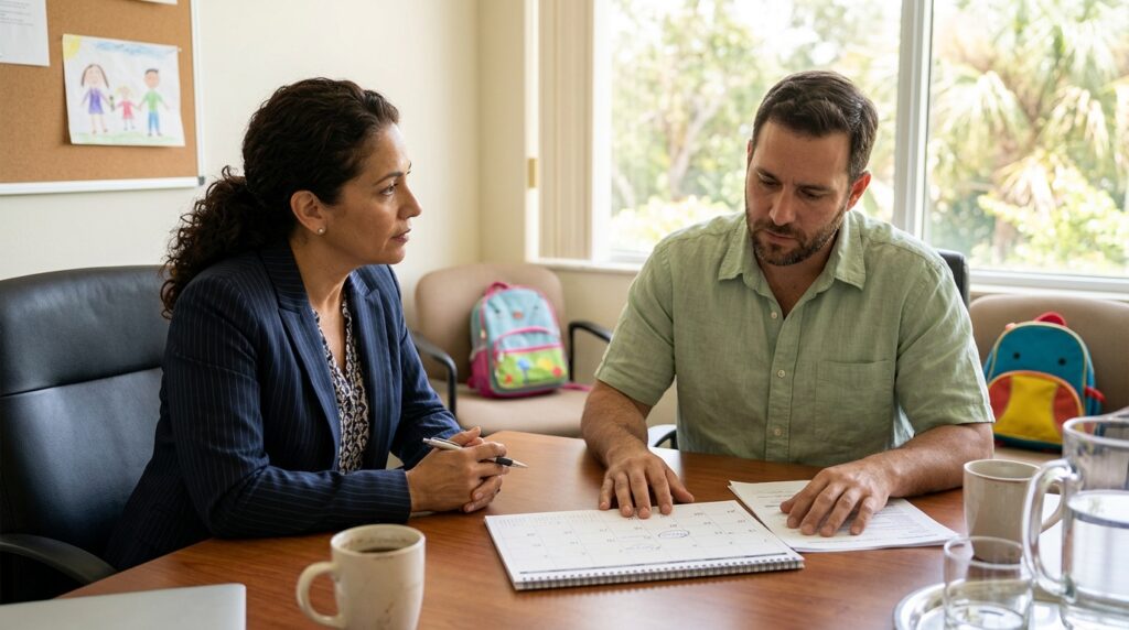 Divorce attorney discussing a parenting plan with a parent in Coral Springs