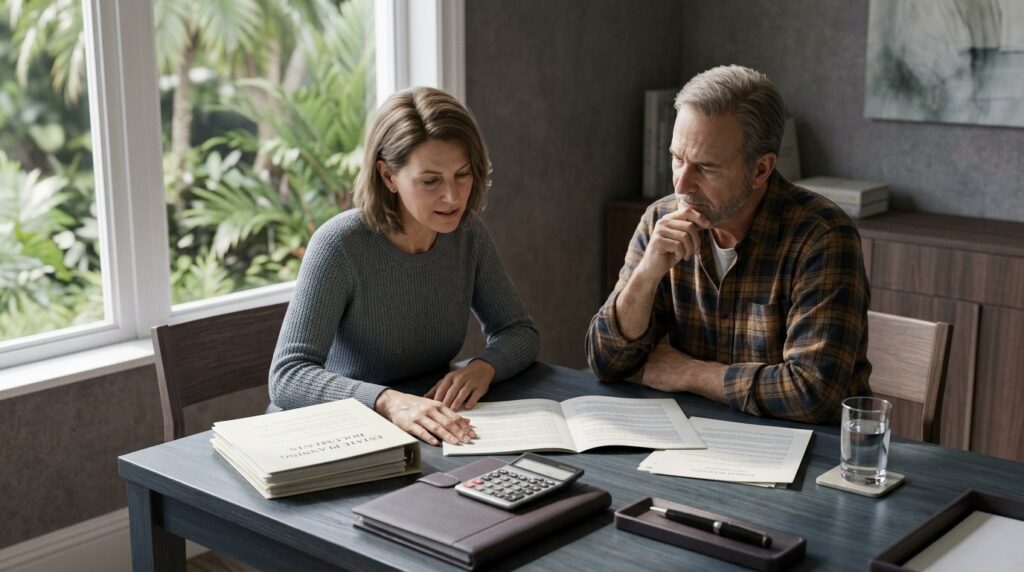 Family members reviewing estate planning documents at home in south florida.