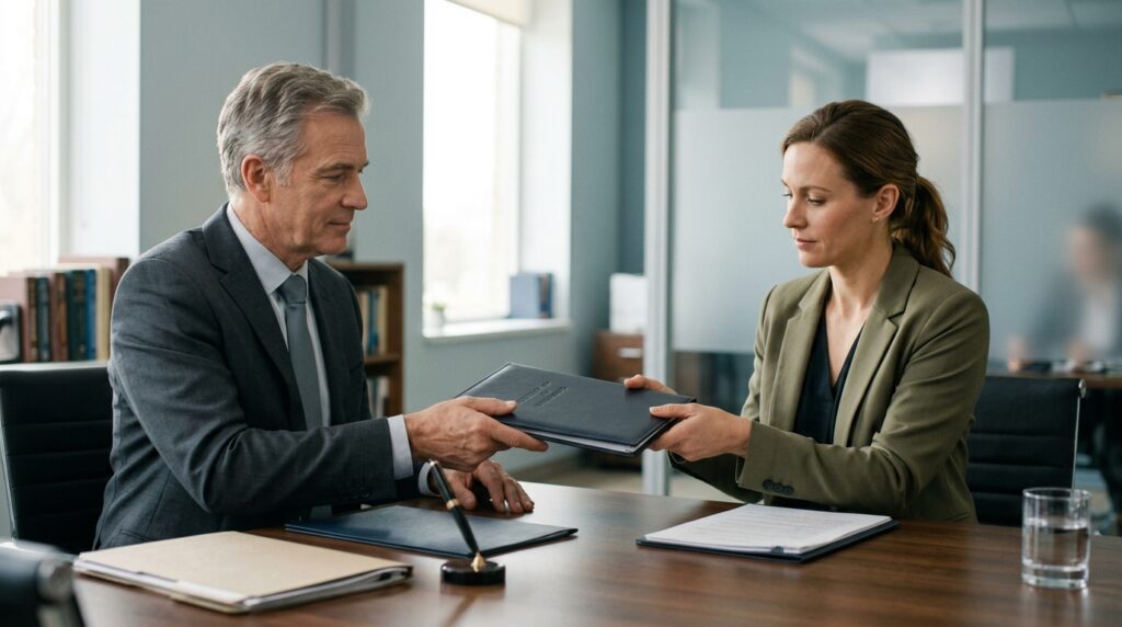 A trustee handing an estate document folder to a beneficiary across a desk in broward county.