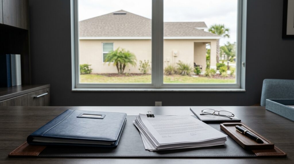 Property documents and a closed legal folder on a desk overlooking a Coral Springs Florida residence.