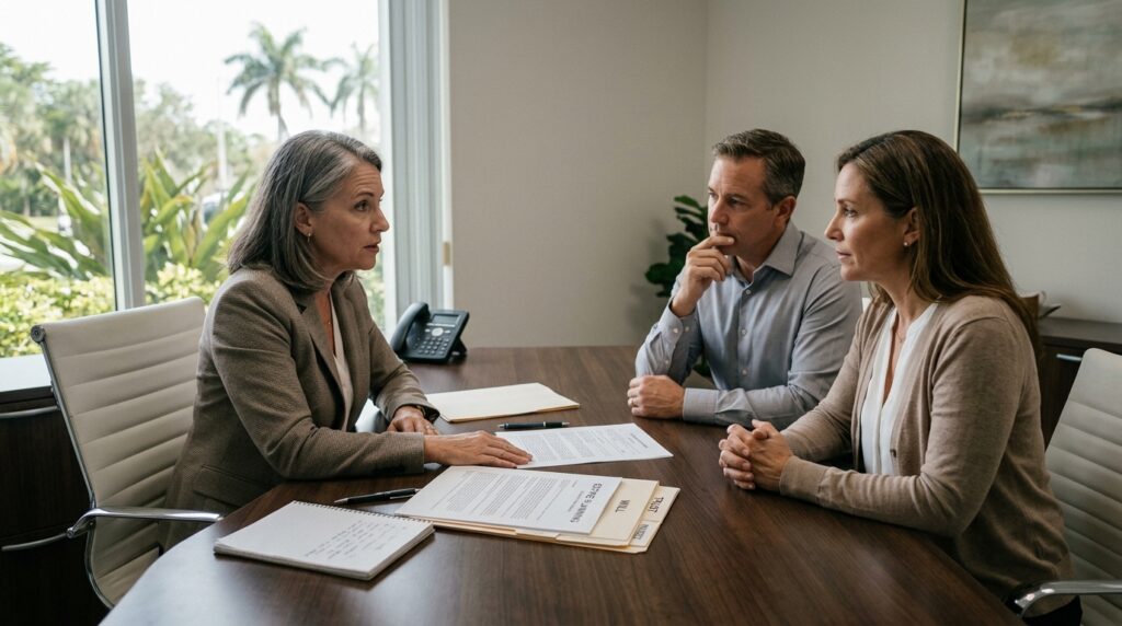 Florida estate planning attorney explaining wills and trusts to a couple