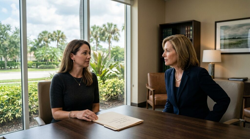 Divorce attorney discussing a family law case with a client in Coral Springs, Florida