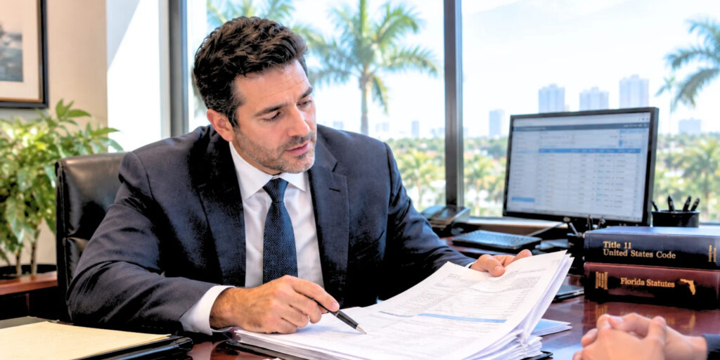 Florida bankruptcy attorney reviewing financial schedules and Title 11 code books during a client consultation in a Coral Springs law office, Broward County.