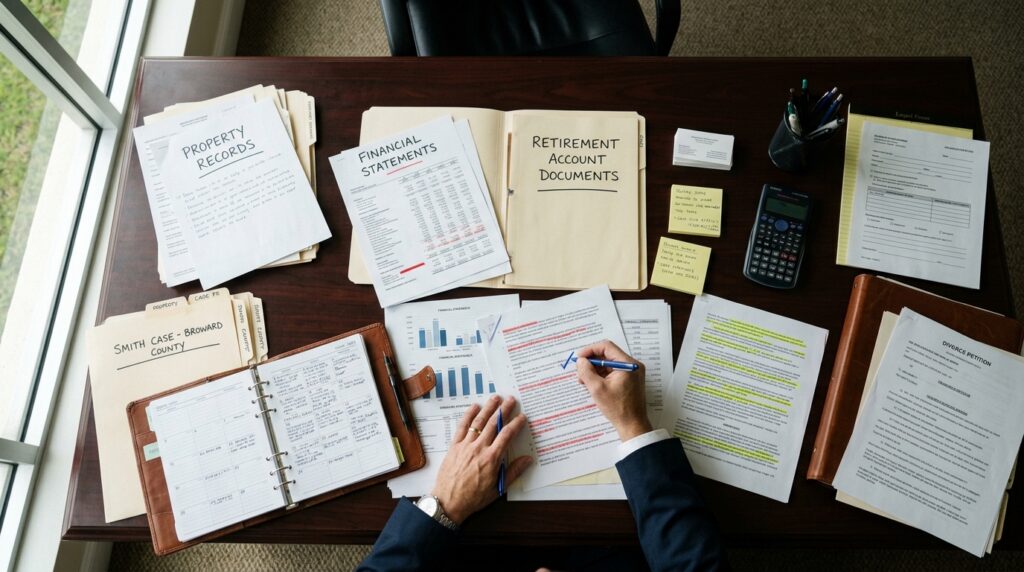Florida divorce attorney reviewing property and financial documents in Broward County