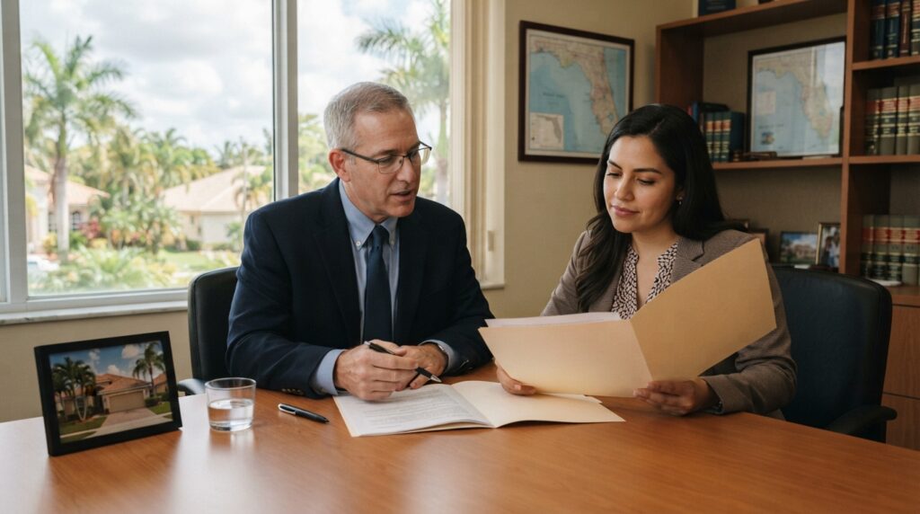 Real estate attorney reviewing closing documents with a Broward County homebuyer