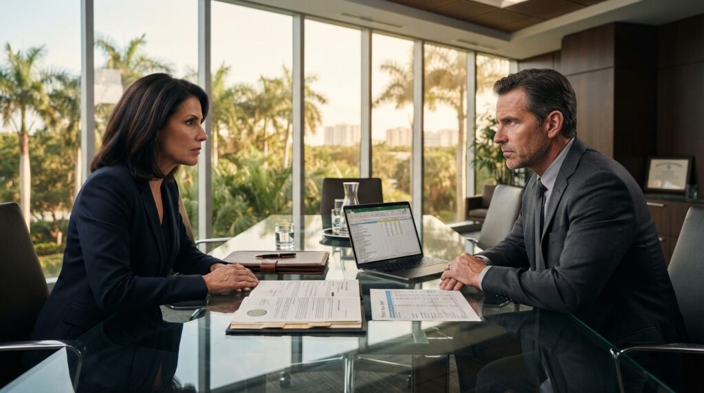 Conceptual breakdown or professional consultation illustrating corporate shareholder disputes and partnership deadlock under Florida law.