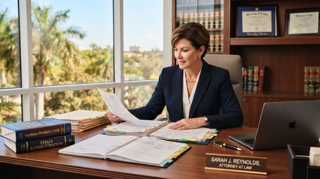 Commercial litigation attorney reviewing a business contract and corporate records in a Coral Springs law office, Broward County.