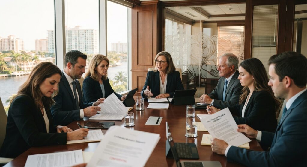 Business attorneys and a neutral mediator reviewing a settlement agreement during court-mandated mediation in Broward County.