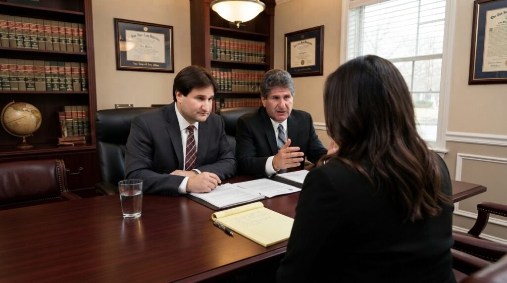 Professional attorneys reviewing legal documents directly with a client in a welcoming Coral Springs law office.