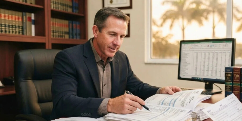 Coral Springs bankruptcy attorney meticulously examining official bankruptcy schedules and means test documents with a client in South Florida.