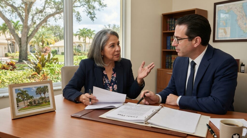 Florida real estate attorney reviewing a property deed and title documents