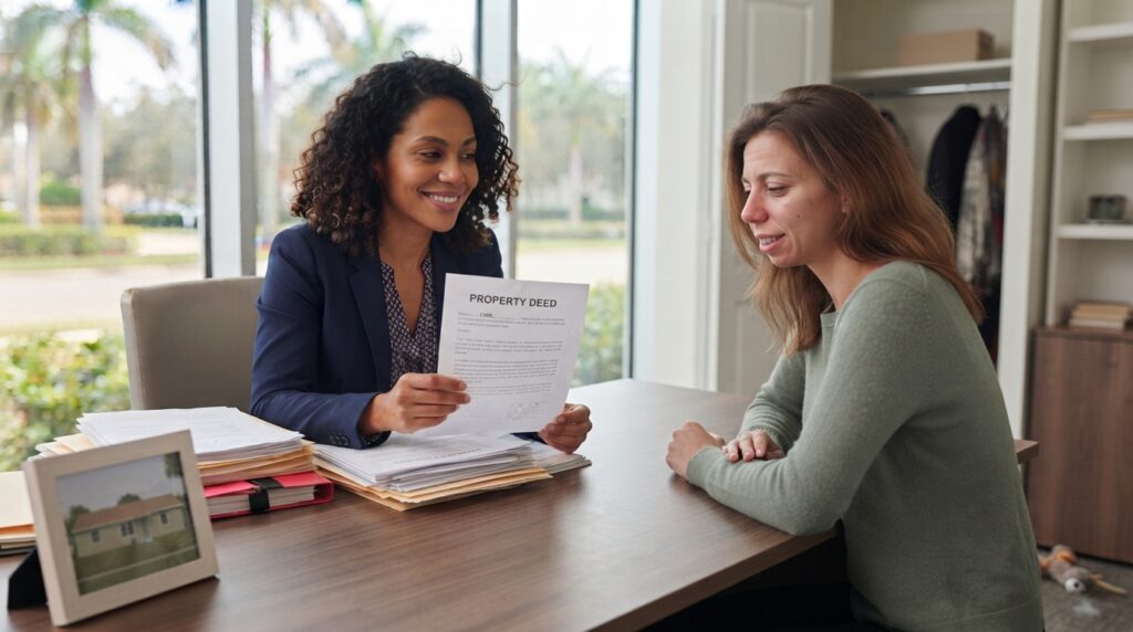 Florida real estate attorney reviewing a property deed and title documents.