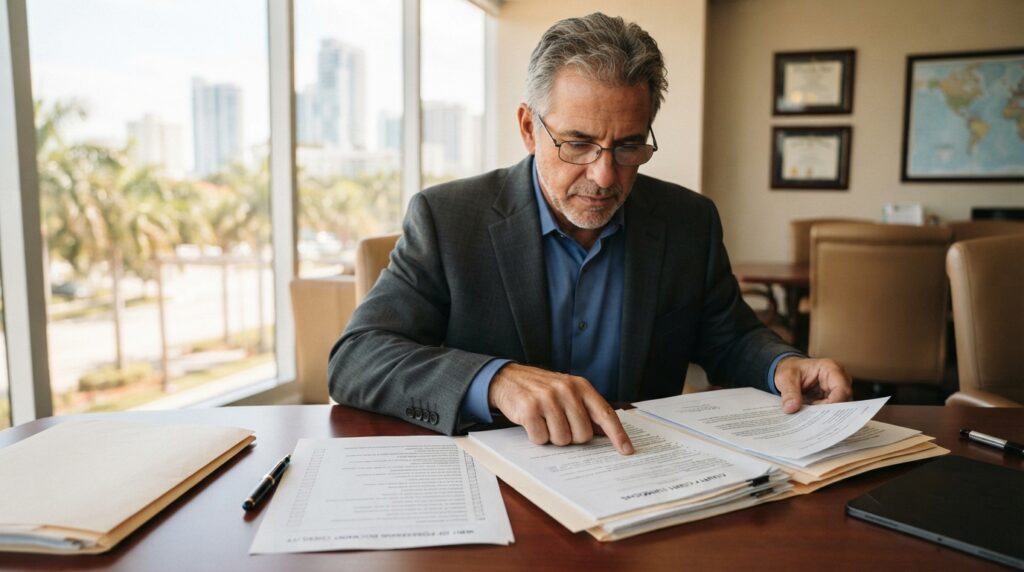 Attorney reviewing court summons and unlawful detainer documents for a property dispute in Broward County.