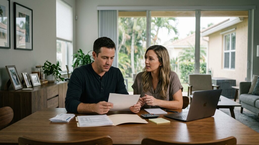 Spouse reviewing household finances and property documents during divorce planning in Broward County, Florida