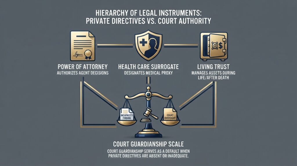 Conceptual breakdown of legal alternatives to guardianship, including powers of attorney and trusts under Florida law.