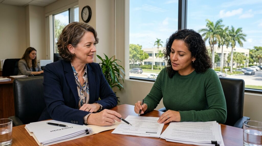 Real estate attorney reviewing closing documents with a client in Coral Springs, Florida
