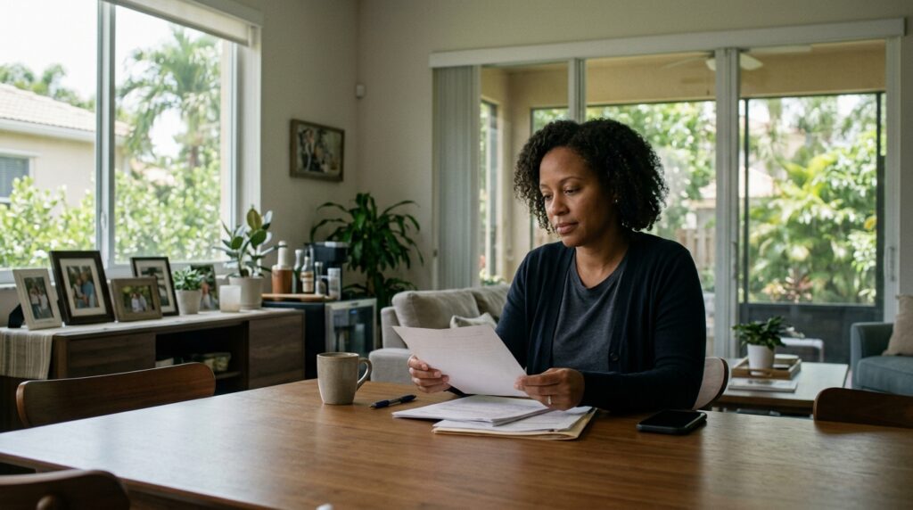 Adult considering divorce while reviewing personal documents at home in Coral Springs, Florida