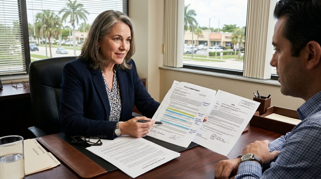 Attorney reviewing property title documents and title commitment in Broward County, Florida