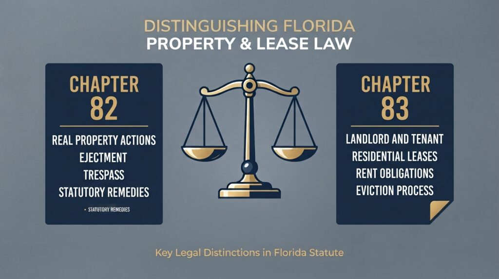 Conceptual layout illustrating the legal separation between Chapter 83 tenant evictions and Chapter 82 unlawful detainers under Florida law.