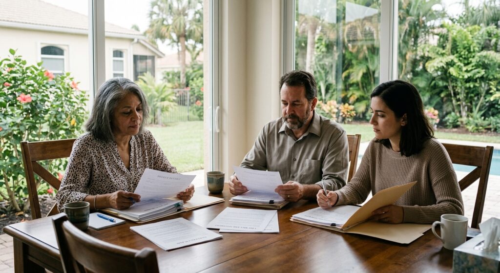 Family reviewing estate documents after a loved one dies in Coral Springs, Florida