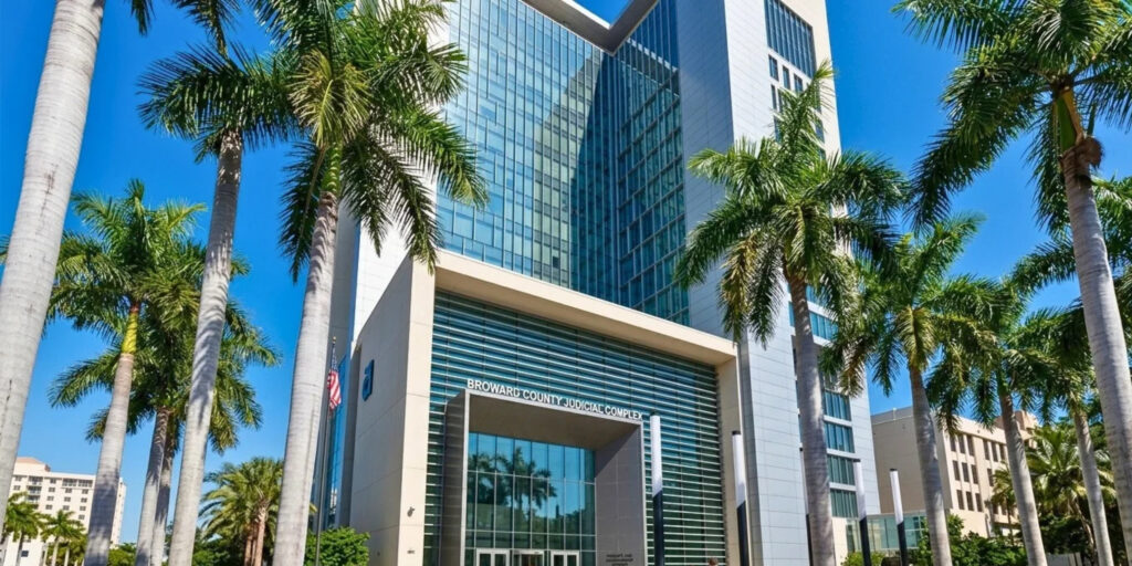 Exterior view of the Broward County Judicial Complex in Fort Lauderdale Florida housing the 17th Judicial Circuit probate court.