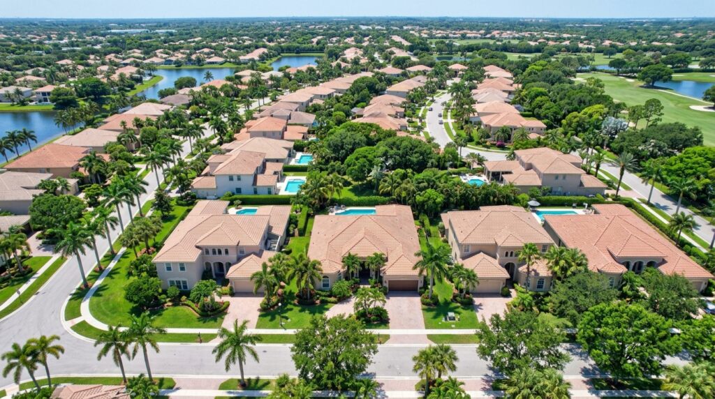 Aerial view of residential homes in Coral Springs Broward County Florida illustrating real estate property ownership.